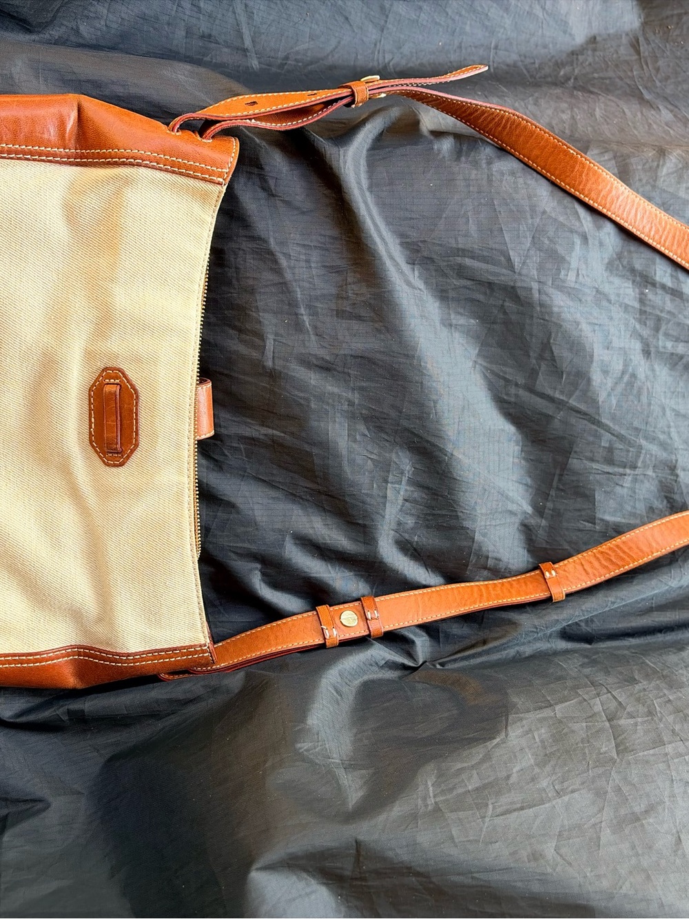 Canvas and Leather Crossbody Bag in Beige with Brown Leather Trim